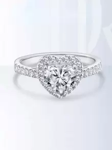 方晶鋯石愛心裝飾銀婚戒適合女士新娘婚禮精細首飾類 - 銀色 - 查看 1