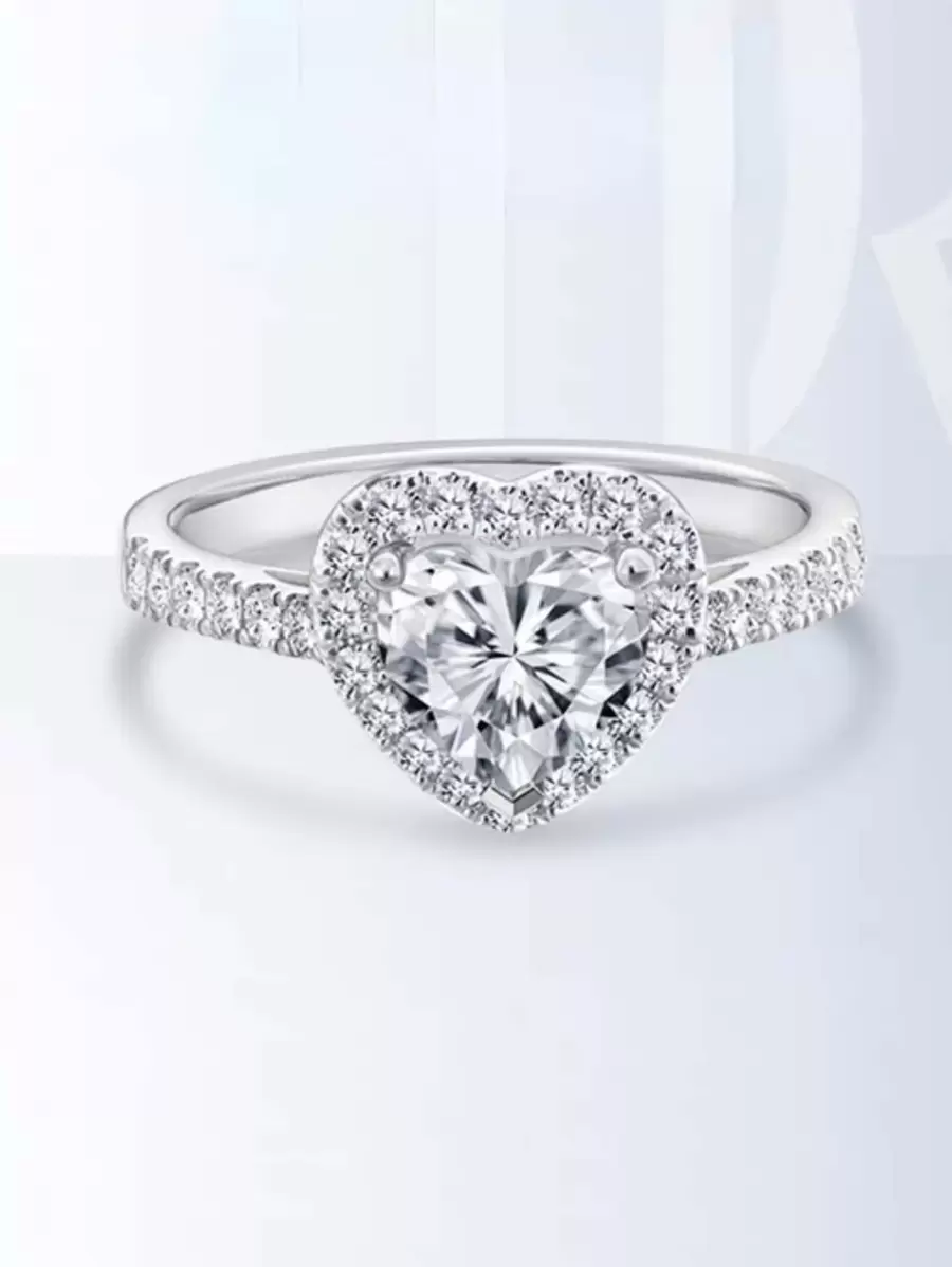 方晶鋯石愛心裝飾銀婚戒適合女士新娘婚禮精細首飾類 - 銀色 - 查看 1