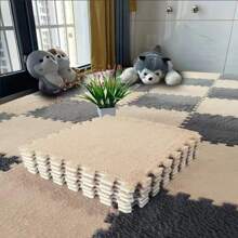 12pcs Set Modular Carpet, Bedroom Rug, Ins-Style Square Floor Mat, Bedside Rug, Anti-Slip Pad - Dark Grey - View 2