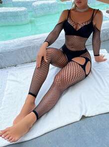 1入組性感內衣一片式漁網無襠衣服 - 黑色 - 查看 2