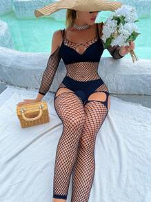 1入組性感內衣一片式漁網無襠衣服 - 黑色 - 查看 4