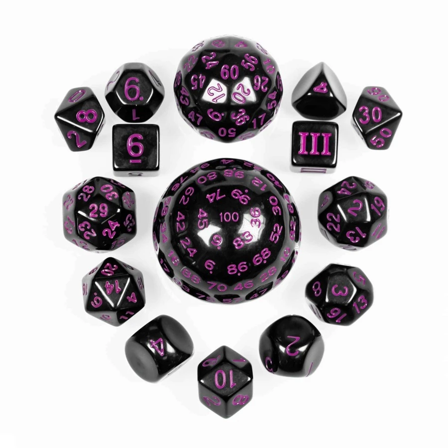 Cusdie 15 Pieces Complete D&D Dice Set D3-D100 D&D Dice Set, Polyhedral RPG Dice For TTRPG Role Playing Game - Màu đen với phông chữ màu tím - Xem 1