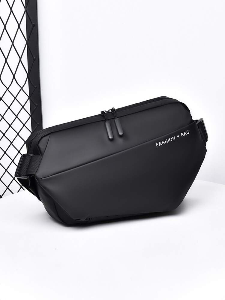 男士黑色字母圖案休閒斜肩包胸包適用於通勤 - 黑色 - 查看 6