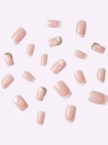 24Pcs Charm Acrylic False Nails In Medium-Long Square Shape, White French Tip With Wave & Rhinestone Design, Full Coverage, For Women And Girls Press On Nails Nail Supplies Nails - Multicolor - View 3