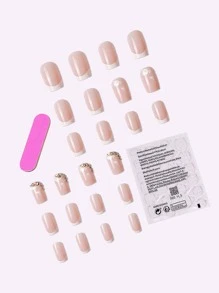 24Pcs Charm Acrylic False Nails In Medium-Long Square Shape, White French Tip With Wave & Rhinestone Design, Full Coverage, For Women And Girls Press On Nails Nail Supplies Nails - Multicolor - View 2