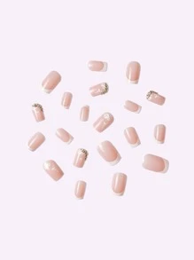 24Pcs Charm Acrylic False Nails In Medium-Long Square Shape, White French Tip With Wave & Rhinestone Design, Full Coverage, For Women And Girls Press On Nails Nail Supplies Nails - Multicolor - View 4