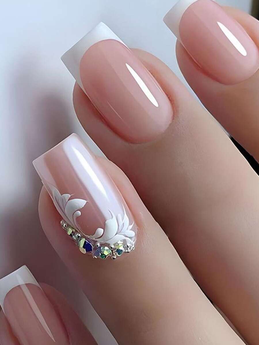 24Pcs Charm Acrylic False Nails In Medium-Long Square Shape, White French Tip With Wave & Rhinestone Design, Full Coverage, For Women And Girls Press On Nails Nail Supplies Nails - Multicolor - View 1