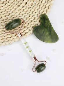 Jade Roller & Gua Sha Facial Tools Natural Green Jade Heart Shape Guasha Beauty Skin-Care Tool Face Roller For Face Skin Eyes Neck Back Relaxing Portable Cold Stone Massager - Green - View 2