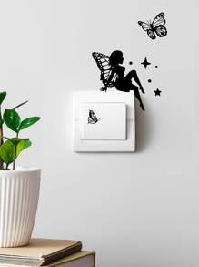 6 件仙女蝴蝶剪影开关贴纸装饰、贴纸、墙贴花、乙烯基贴花用于家居装饰、春季装饰品让您的家焕然一新、拉玛装饰贴纸礼物生日毕业 - 黑色 - 查看 4