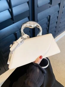 白色长款不对称金属手柄手提包 - 白色 - 查看 5