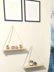 1pc No Drill Wall Hanging Decorative Rope Storage Rack For Flower Pot, Wooden Board Hanging Decoration With HookRoom Decor - Yellow - View 6