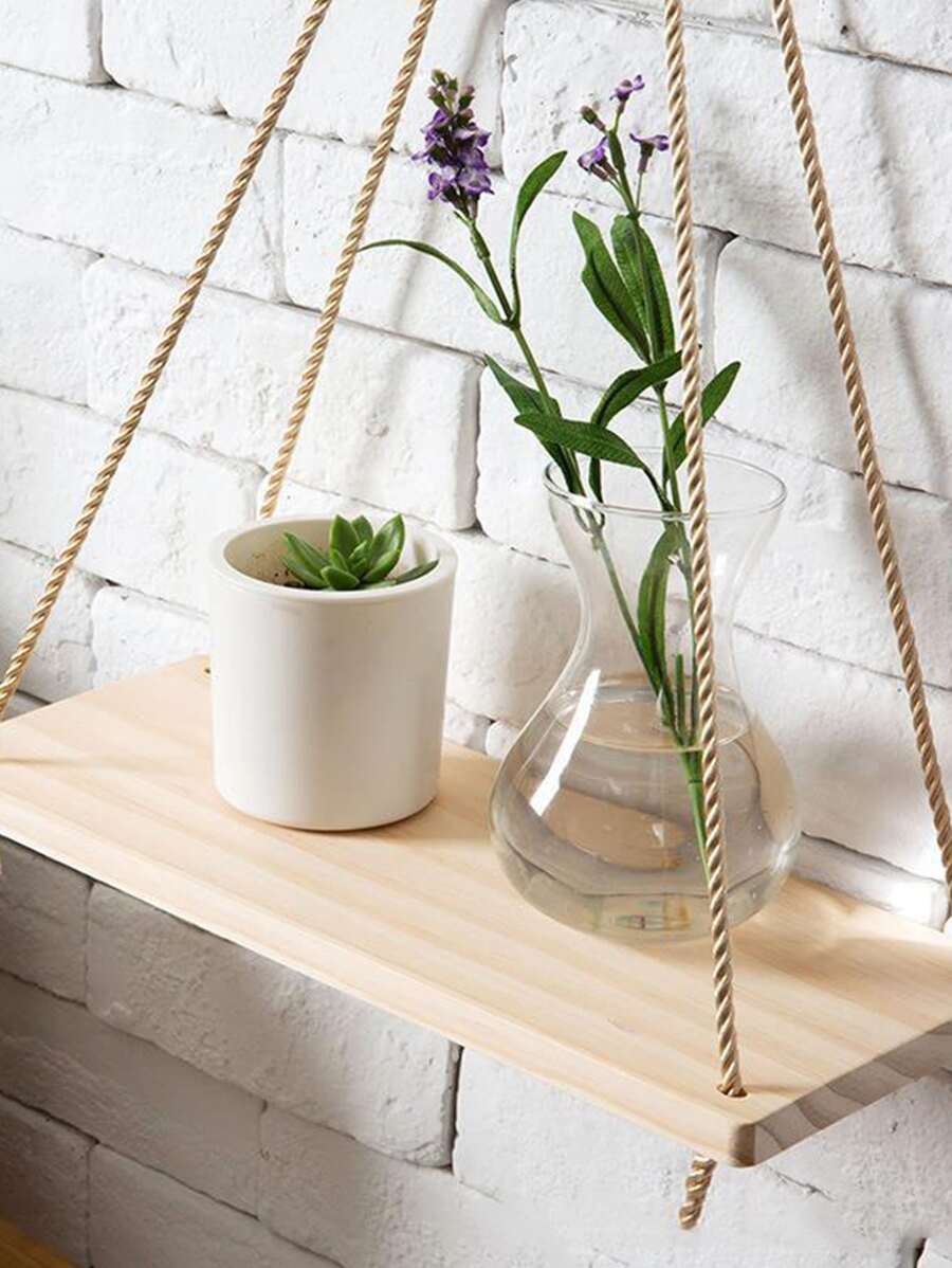 1pc No Drill Wall Hanging Decorative Rope Storage Rack For Flower Pot, Wooden Board Hanging Decoration With HookRoom Decor - Yellow - View 1