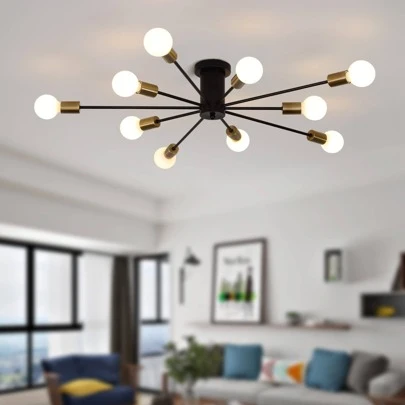 Semi Flush Mount Ceiling Light, 10-Light Modern Black Sputnik Chandelier Industrial Ceiling Lamp For Kitchen Dining Room Living Room Bedroom Foyer Lighting Fixture