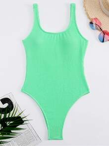 女士纯色运动连体泳衣糖果色纹理面料泳衣性感露背泳衣夏季