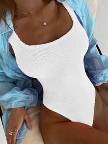 女士纯色运动连体泳衣糖果色连体纹理面料泳衣露背泳衣夏季