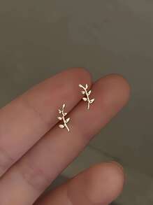 一對純簡約風S925銀可愛支樹葉金色耳環適合女士女孩時尚新潮微小耳朵耳釘日常生活首飾類禮品 - 金色 - 查看 4