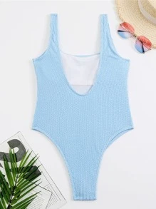 Women's Solid Colour Sport One Piece Swimsuit Candy Colour Textured Fabric Swimsuit Sexy Backless Swimsuit - Blue - View 4