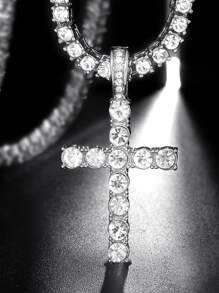 水鑽冰鎮十字吊墜項鍊4mm網球鏈條適合男人及女人嘻哈首飾類 - 銀色 - 查看 11