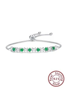 1入組獨特時髦925 銀人工培養綠水晶手環適合女士,可調尺寸