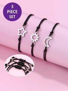 3pcs/set Cute Zinc Alloy Sun, Moon, & Star Shaped Black Wax Cord Braided Bracelets For Girls, Suitable For Daily Wear