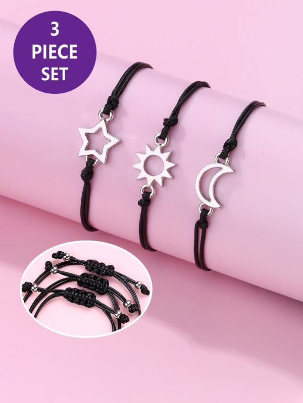 3pcs/set Cute Zinc Alloy Sun, Moon, & Star Shaped Black Wax Cord Braided Bracelets For Girls, Suitable For Daily Wear