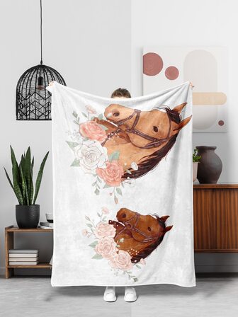 1入組絨毯帶馬圖案,柔軟舒適沙發床辦公室毯子,聖誕萬聖節禮品被子,小憩毯子