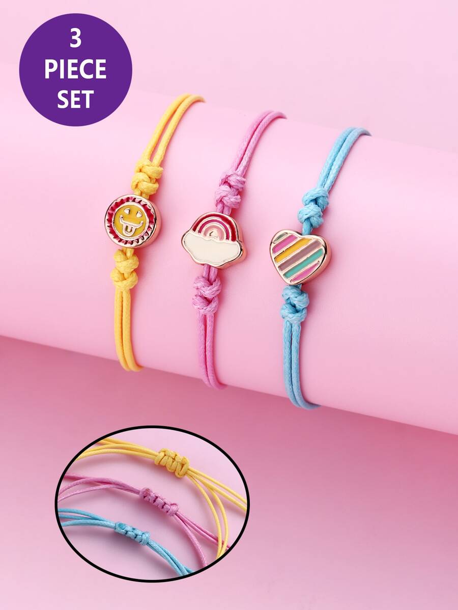 3pcs/set Colorful Zinc Alloy Oil Drop & Wax Cord Braided Bracelet With Heart, Rainbow, Smile Face Charm For Girls, Daily Wear Jewelry Gift - Multicolor - View 1