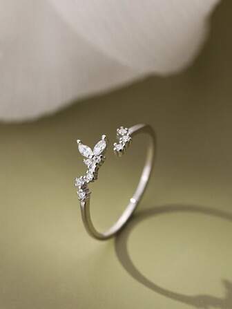 1pc Luxurious & Elegant Mori Style Delicate Butterfly & Cube Design Cubic Zirconia Ring