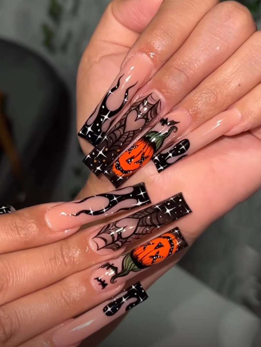 Có thể tái sử dụng Acrylic Chất liệu Sai Móng tay , 24 cái Ngắn Móng tay giả vuông Với A Thạch Keo dính Và A Nhỏ bé Giũa móng tay , Halloween Phong cách Móng tay Với Đen Ngọn lửa , Tiếng Pháp Mạng nhện Và Hình trái tim + trái cam Quả bí ngô - Nhiều màu - Xem 1