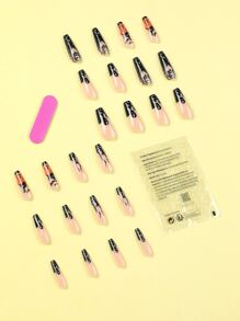 Có thể tái sử dụng Acrylic Chất liệu Sai Móng tay , 24 cái Ngắn Móng tay giả vuông Với A Thạch Keo dính Và A Nhỏ bé Giũa móng tay , Halloween Phong cách Móng tay Với Đen Ngọn lửa , Tiếng Pháp Mạng nhện Và Hình trái tim + trái cam Quả bí ngô - Nhiều màu - Xem 2