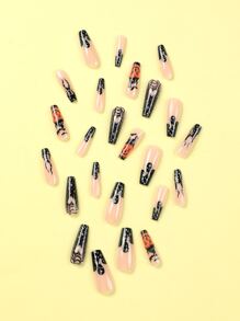 Có thể tái sử dụng Acrylic Chất liệu Sai Móng tay , 24 cái Ngắn Móng tay giả vuông Với A Thạch Keo dính Và A Nhỏ bé Giũa móng tay , Halloween Phong cách Móng tay Với Đen Ngọn lửa , Tiếng Pháp Mạng nhện Và Hình trái tim + trái cam Quả bí ngô - Nhiều màu - Xem 3