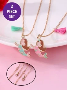 2入組/套女孩美人魚和流蘇吊墜項鍊