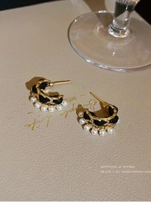 1pc Black Velvet & Pearl Round Ear Clip C-Shaped Earring For Women's Daily Wear