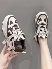 Color Block Front Lace-up Thick Sole Sports Shoes - Khaki - View 1