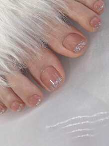 24入組簡約方形假指甲帶閃亮邊，指甲貼片展示白足趾，預製美甲貼紙按壓式指甲美甲用品 - 彩色 - 查看 1