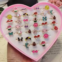 5 pcs without box children's ring dripping oil cute bow girl's ring jewelry adjustable ring ring - Multicolor - View 3