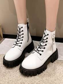 女性時尚靴子,拉鍊&繫帶防水台坡跟靴 - 白色 - 查看 4