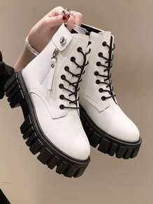 女性時尚靴子,拉鍊&繫帶防水台坡跟靴 - 白色 - 查看 1