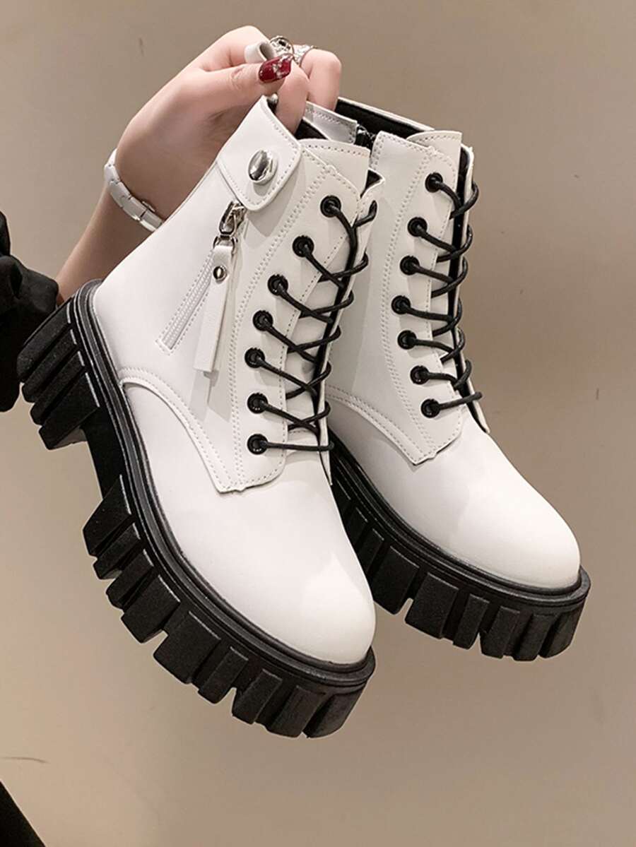 女性時尚靴子,拉鍊&繫帶防水台坡跟靴 - 白色 - 查看 1