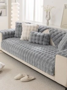 1pc Grey Simple Fleece Bubble Plain Pet-Friendly Sofa Cover With Personalized, All Seasons Protection - Grey - View 1