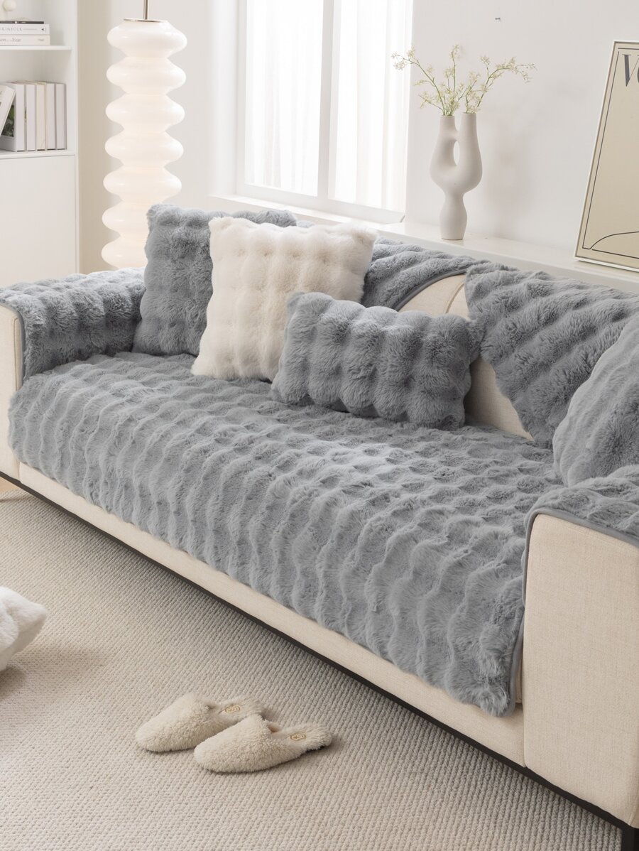 1pc Grey Simple Fleece Bubble Plain Pet-Friendly Sofa Cover With Personalized, All Seasons Protection - Grey - View 1