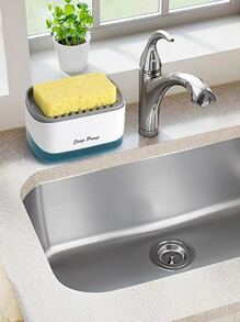 1pc 2-in-1 Kitchen Soap Dispenser With Sponge Rack, Kitchen Dishwashing Liquid Dispenser, Smart Kitchen Gadgets, Sink Countertop Organizer, Kitchen Sink Dishwashing Soap Dispenser, Cleaning Pot Brush, Applicable Kitchenware Cleaning, Bathroom Storage - White - View 9