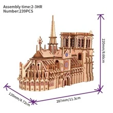 3D Wooden Puzzles Cathedral Architecture  Building Model Kits Notres Dame Cathedral Model Kits Jigsaw Perfect Decoration - Apricot - View 2