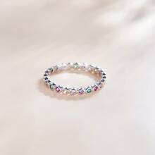 Anillo apilable de banda de plata de ley 925 de BAMOER con piedras de CZ arcoíris brillantes, joyería de regalo de moda para mujeres - Plateado - Ver 8