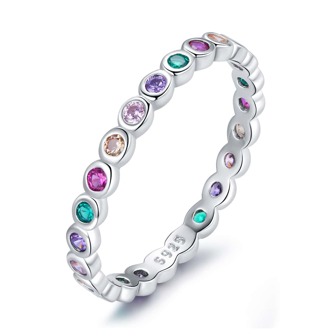  BAMOER 925 Sterling Silver Rainbow Stackable Band Ring For Women Fashion Dazzling CZ Stone Jewelry Gift