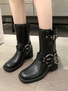 Punk Combat Boots For Women, Buckle Decor Outdoor Fashion Boots - Black - View 1