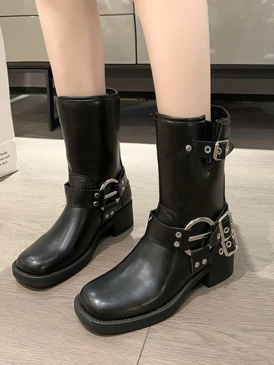 Punk Combat Boots For Women, Buckle Decor Outdoor Fashion Boots - Black - View 1