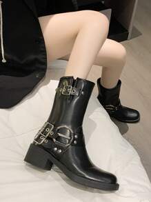 Punk Combat Boots For Women, Buckle Decor Outdoor Fashion Boots - Black - View 3