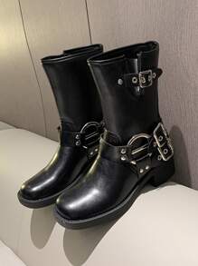 Punk Combat Boots For Women, Buckle Decor Outdoor Fashion Boots - Black - View 5
