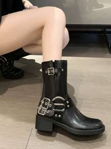 Punk Combat Boots For Women, Buckle Decor Outdoor Fashion Boots - Black - View 2